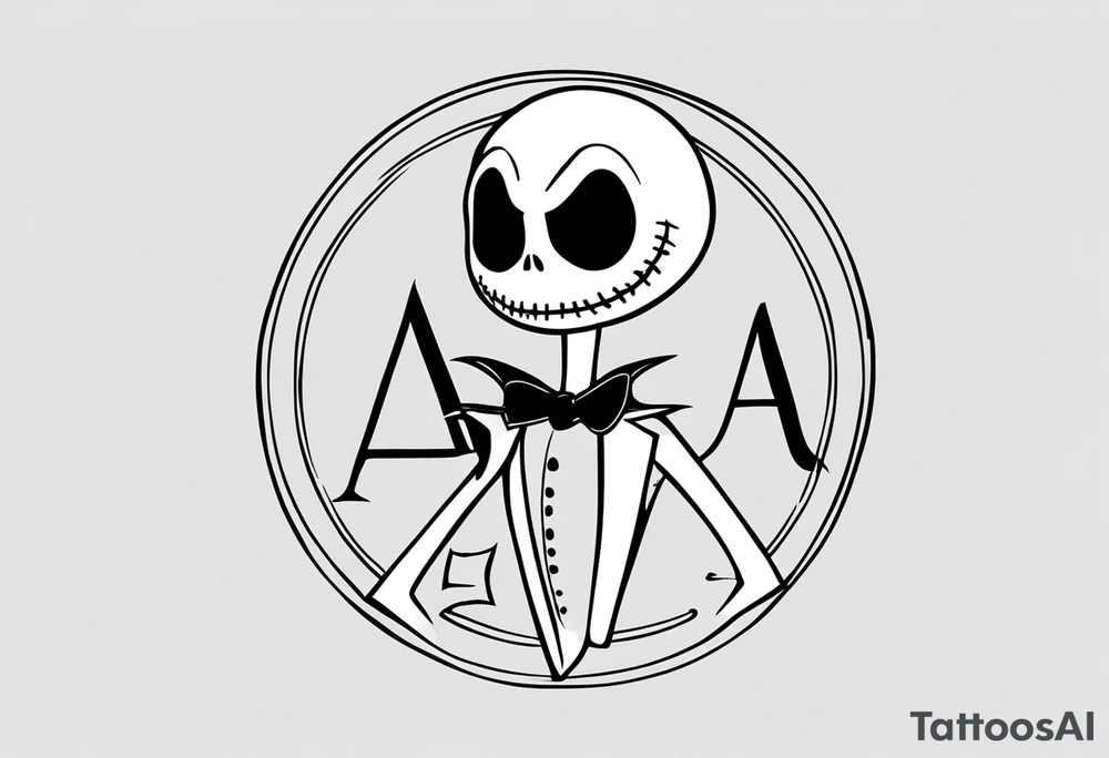 Jack Skellington with letter "A" and date 07/06/2023 tattoo idea