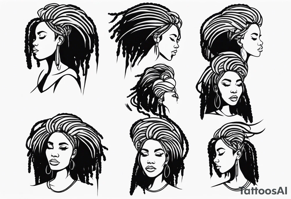 Draw a women head with real dread locks flying in the air tattoo idea