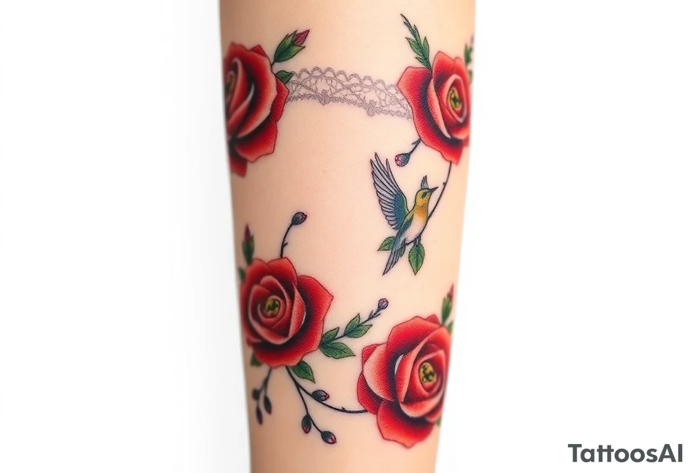 Vintage dollies, red roses, lace, red bird, no people, vintage, lower wrap arm tattoo tattoo idea