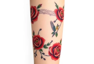 Vintage dollies, red roses, lace, red bird, no people, vintage, lower wrap arm tattoo tattoo idea