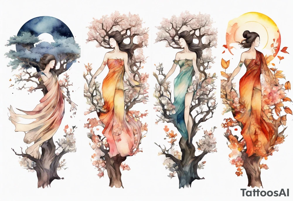A tree shaped like a beautiful woman reaching towards the sun tattoo idea
