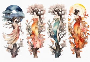 A tree shaped like a beautiful woman reaching towards the sun tattoo idea