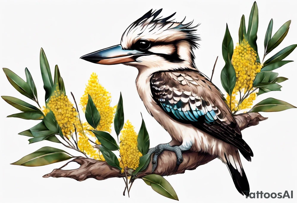 Small kookaburra holding wattle leaves tattoo idea
