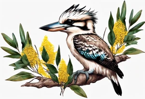 Small kookaburra holding wattle leaves tattoo idea