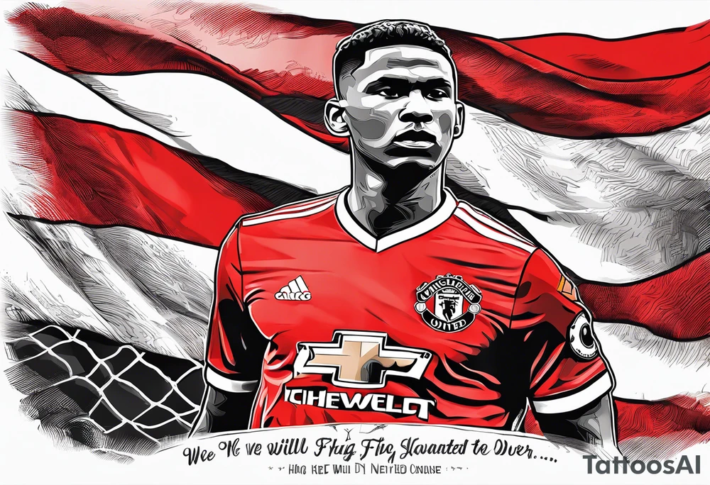 manchester united, flag, and a quote: we'll keep the red flag flying high, 'cause man united will never die tattoo idea