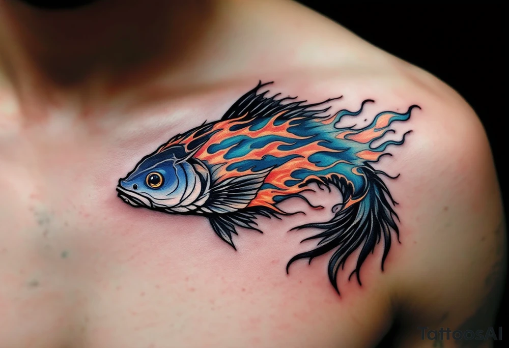 Fire and Water Catfish – A dual-element tattoo: one side of the catfish has cool blues and teals, the other half crackles with red-orange flames, symbolizing contrast or duality. tattoo idea