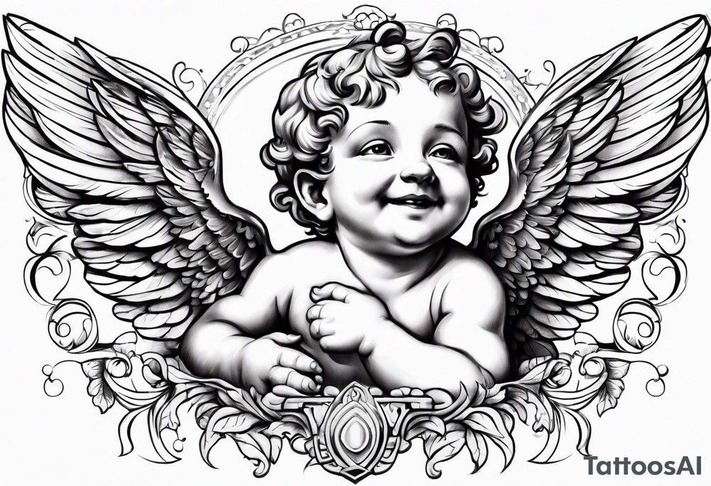 one putti with wings smiling vertical tattoo idea