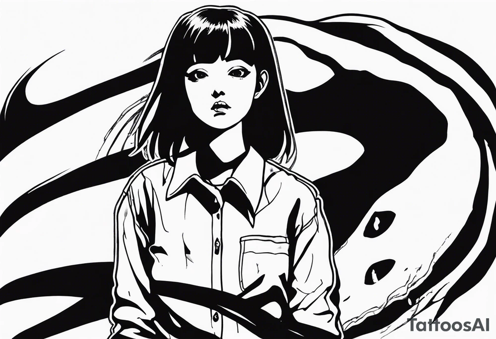 portrait of tomie standing up a character by the horror manga author junji ito full body standing murderously. add more horror and gore elements tattoo idea
