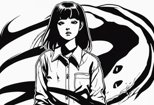 portrait of tomie standing up a character by the horror manga author junji ito full body standing murderously. add more horror and gore elements tattoo idea