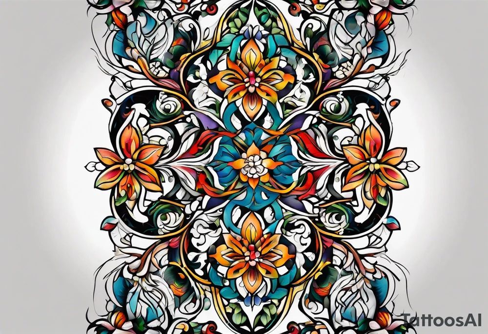 Bold geometric tapestry trident vines floral in colour on arm tattoo idea