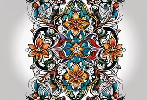 Bold geometric tapestry trident vines floral in colour on arm tattoo idea