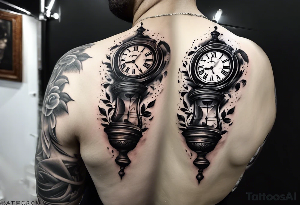 Draw me a tattoo located on the shoulder and upper arm of a man. The tattoo represents a clock and  an hourglass with Roman numerals in the background. It is a symbol of the passing of time. tattoo idea