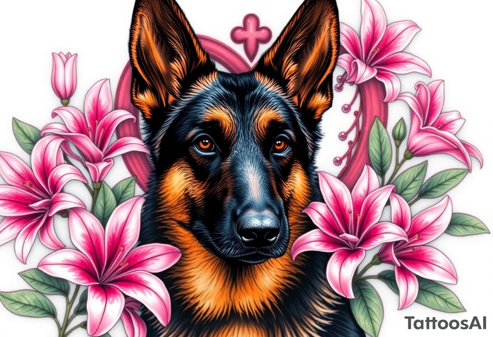 realistic german shepherd with alert ears looking protective surrounded by pink lilies with leaves in front of a sacred heart tattoo idea