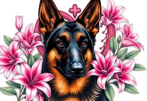realistic german shepherd with alert ears looking protective surrounded by pink lilies with leaves in front of a sacred heart tattoo idea