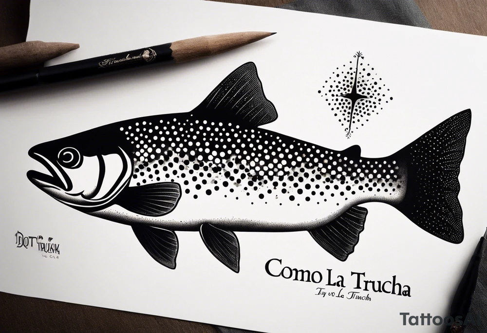 A small tattoo with a shaded trout and text that says, 'Como la trucha...' drawn with fine lines." tattoo idea