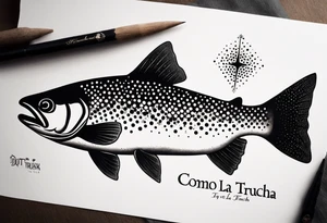 A small tattoo with a shaded trout and text that says, 'Como la trucha...' drawn with fine lines." tattoo idea