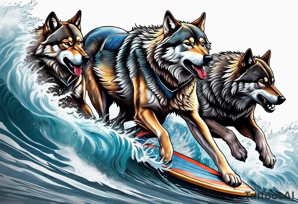a pack muscular of gray wolves surfing tattoo idea