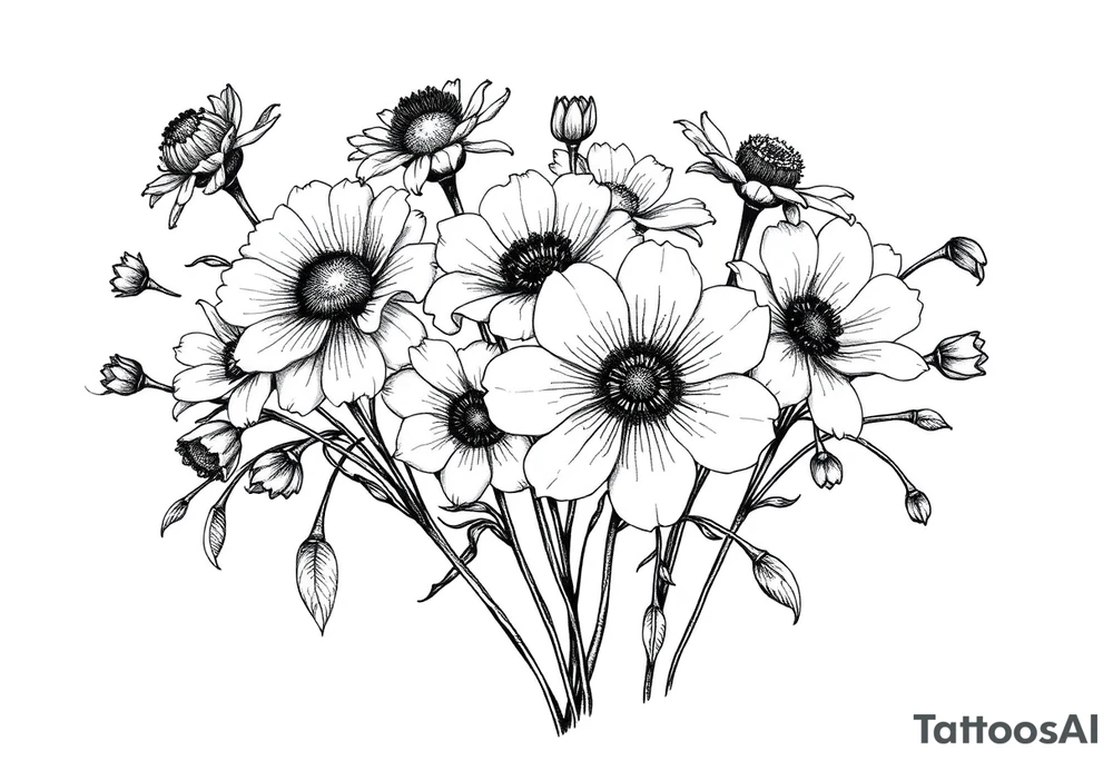 A cluster of wildflowers, with solid black shadows at the base and lighter stippling toward the petals. Some flowers in full bloom while some flowers dying, with petals dropping, symbolizing the passage of time. tattoo idea