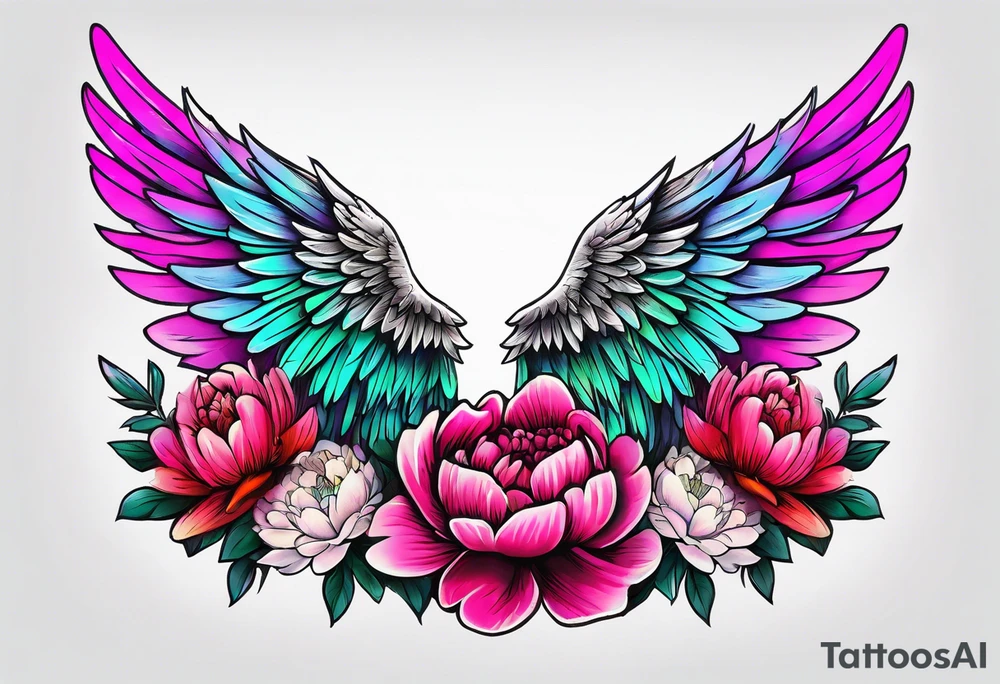 beautiful colorful neon angel wings, surrounded by beautiful peonies, new school style, streetwear, urban wear, white background tattoo idea