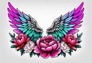 beautiful colorful neon angel wings, surrounded by beautiful peonies, new school style, streetwear, urban wear, white background tattoo idea