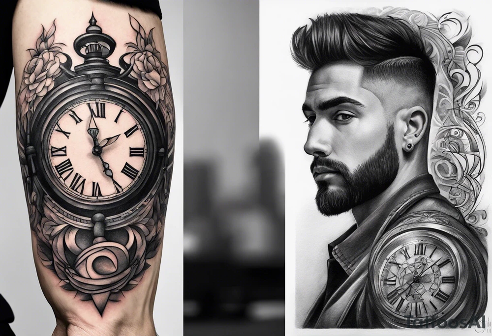 Draw me a tattoo located on the shoulder and upper arm of a man. The tattoo represents a clock in an hourglass with Roman numerals in the background. It is a symbol of the passing of time. tattoo idea