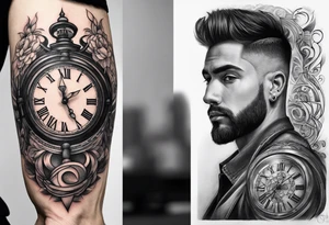 Draw me a tattoo located on the shoulder and upper arm of a man. The tattoo represents a clock in an hourglass with Roman numerals in the background. It is a symbol of the passing of time. tattoo idea