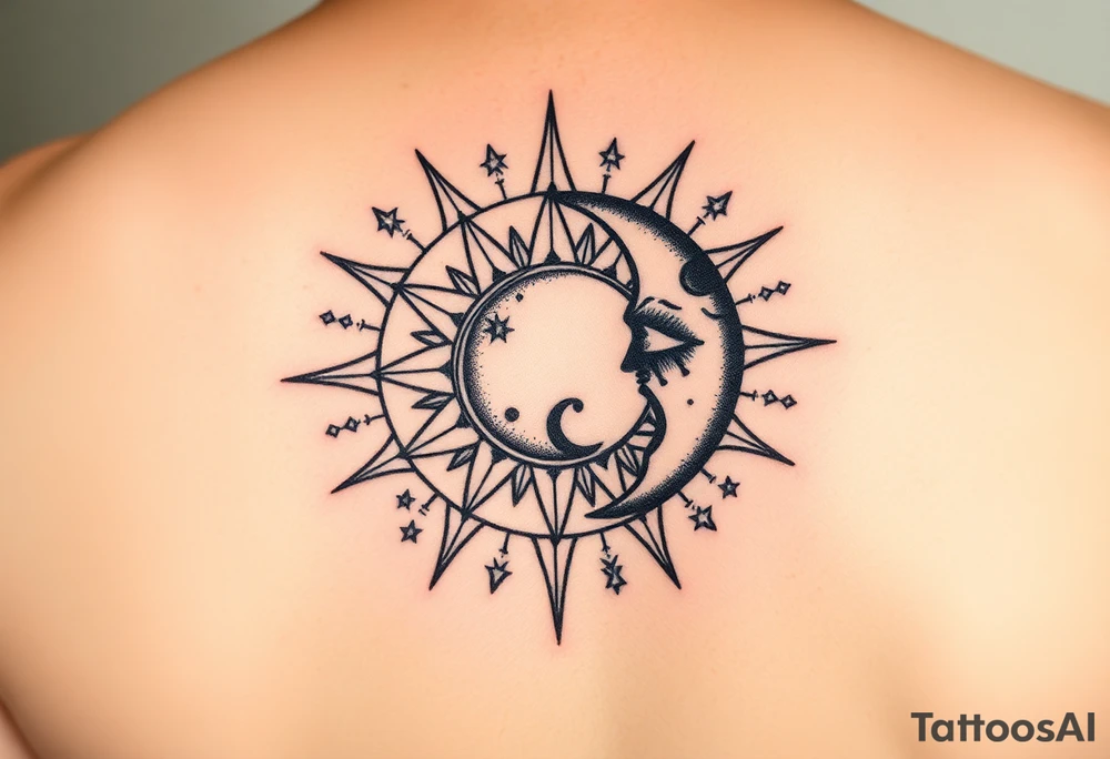 celestial sun and moon embrace with constellation patterns tattoo idea