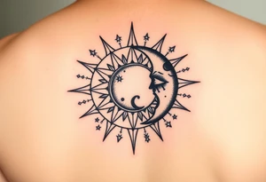celestial sun and moon embrace with constellation patterns tattoo idea