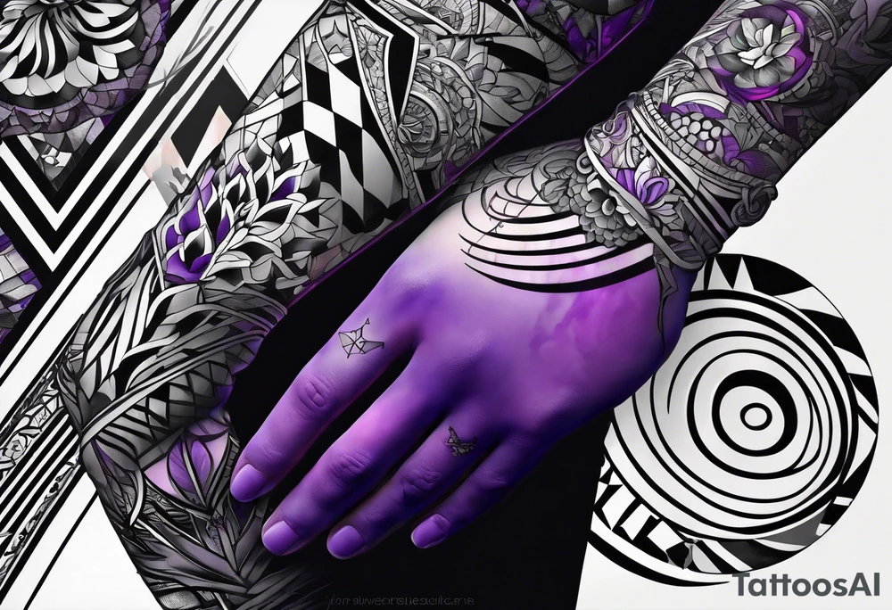 lines around wrist, abstract, black and purple, covered from wrist to forearm, fully covered, no borders, blackwork, no faces tattoo idea