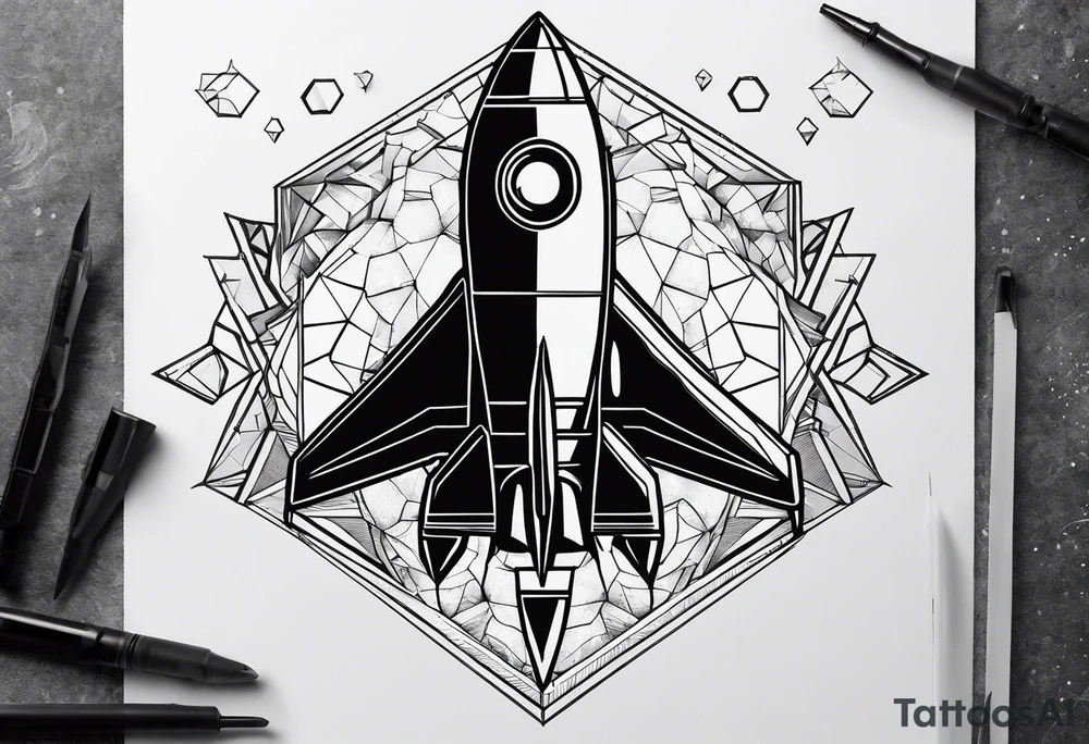 rocket hexagon heart black background tattoo idea