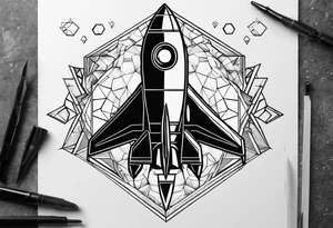 rocket hexagon heart black background tattoo idea