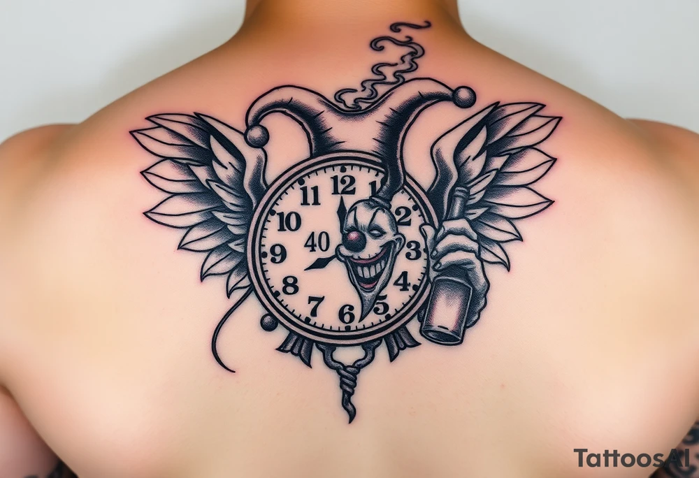 a jester clown coming out of smoke with a  clock, the time says 420,  with two open wings besides the clock, smoke as the spring rising from the clock, a jester clown coming out the smoke, smoking in one hand with a liquor bottle on the other hand tattoo idea