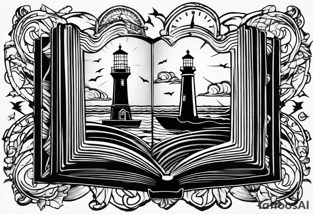 minimalist "open book" with a lighthouse in the middle and a clock and surrounded by storm sailor jerry style tattoo idea