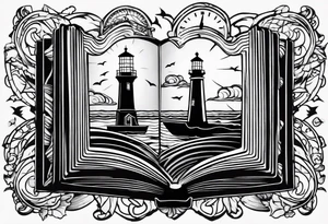 minimalist "open book" with a lighthouse in the middle and a clock and surrounded by storm sailor jerry style tattoo idea