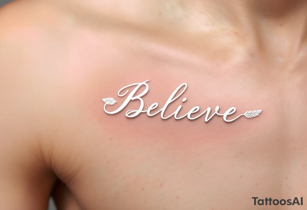 A delicate "Believe" in silver, intertwined with tiny feathers in soft white, symbolizing freedom and trust in the journey. tattoo idea