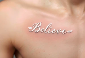 A delicate "Believe" in silver, intertwined with tiny feathers in soft white, symbolizing freedom and trust in the journey. tattoo idea