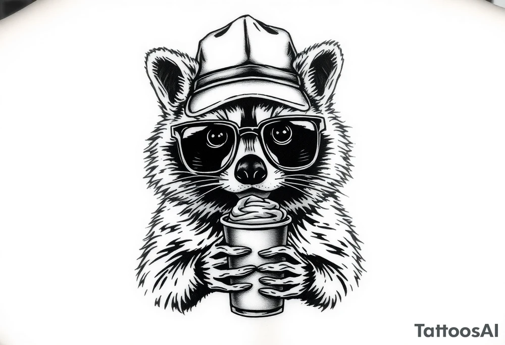 Raccoon with thick square glasses,trucker hat, and iced coffee tattoo idea