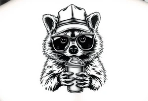 Raccoon with thick square glasses,trucker hat, and iced coffee tattoo idea