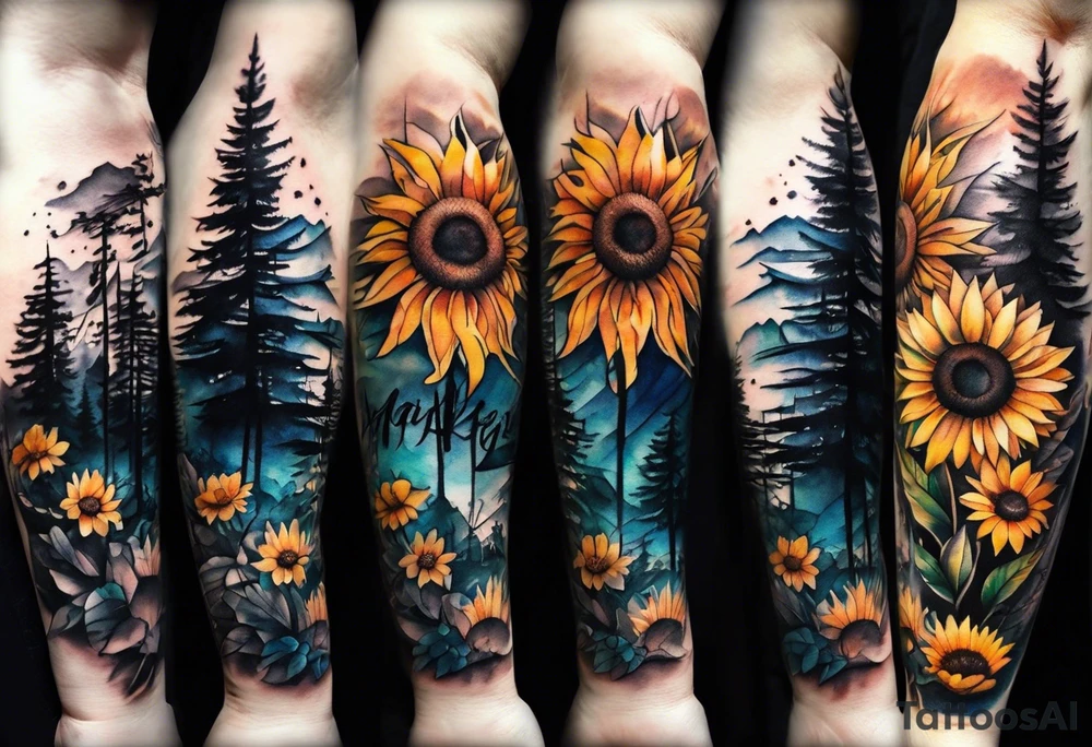 Small Watercolor inside arm tattoo, 4 inches. Black kite (Daya's name), nature (trees/flowers), rock/metal vibe (bold lines), sunflower. tattoo idea