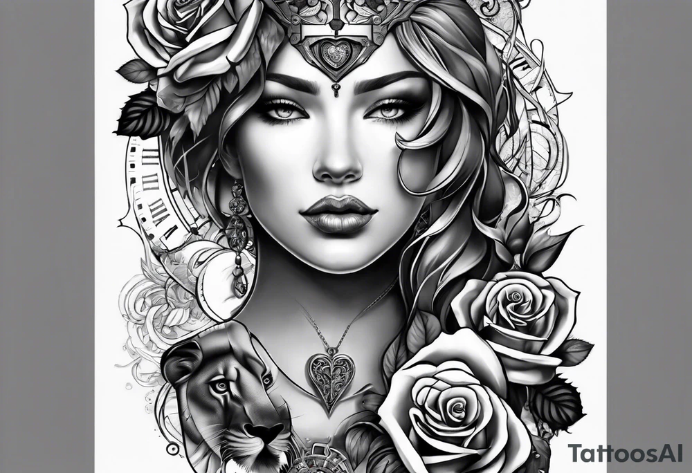 Women holding a mechanical heart roses, time watch, lion, strength tattoo idea
