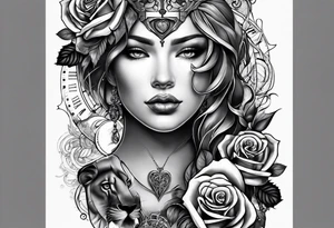 Women holding a mechanical heart roses, time watch, lion, strength tattoo idea