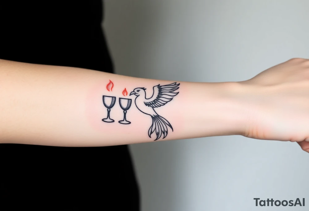 Phoenix bird with flames holding two goblets (like the two of cups from tarot cards) on my forearm tattoo idea