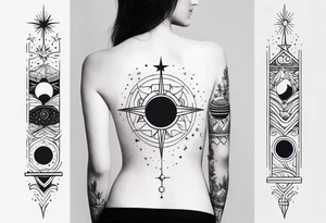 Long narrow spine tattoo. Includes moon, stars and ancient symbols. Minimal design tattoo idea