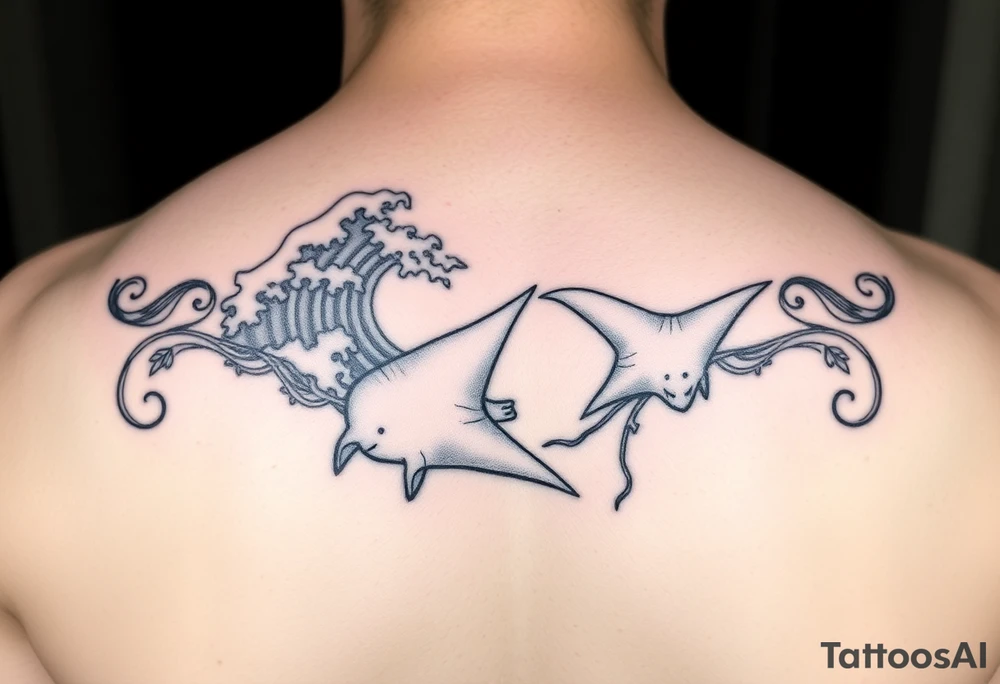 Music inspired kirituhi with wave forms and deep sea manta rays tattoo idea