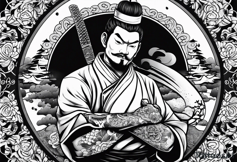 A japanese chef knife in front of Mugiwara Luffy tattoo idea