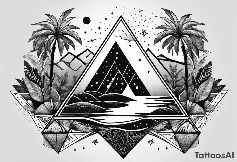 thick line art of space and jungle in 3 triangle shape tattoo idea