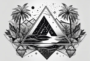 thick line art of space and jungle in 3 triangle shape tattoo idea