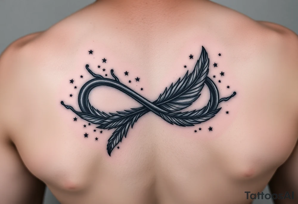 infinity symbol woven with floating feathers and stardust tattoo idea