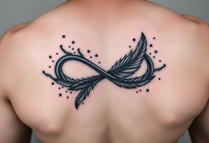 infinity symbol woven with floating feathers and stardust tattoo idea