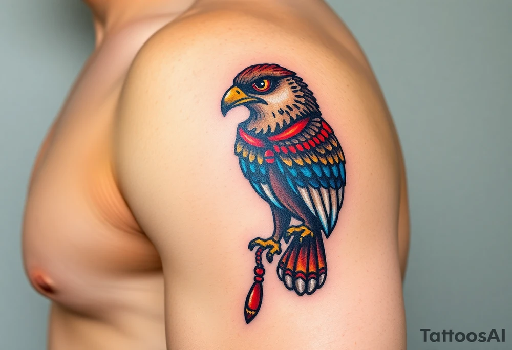 An Egyptian Falcon (Horus) Carrying a Rosary (only red , blue and black are possible colors) tattoo idea